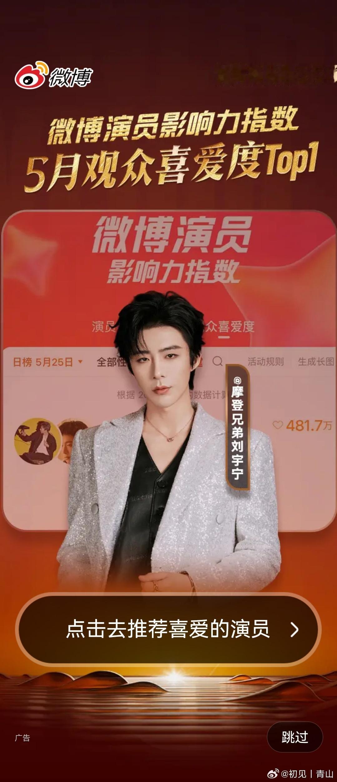 嘿嘿，看我刷到什么恭喜 微博演员影响力指数5🈷️观众喜爱度NO.1！