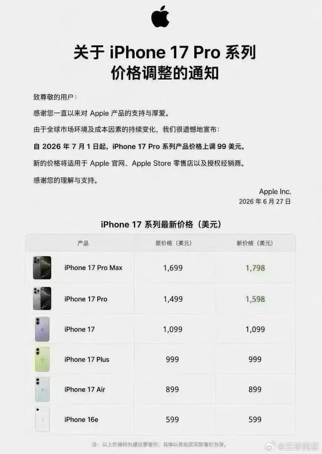 怕iPhone涨价的用户已紧急换新这个网传的iPhone17pro要涨价的图是假