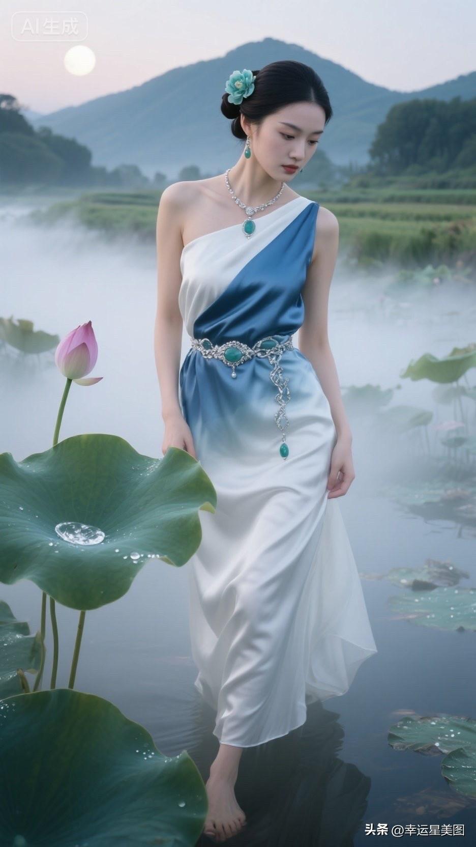 一个穿白裙子的女子站在荷花池里。