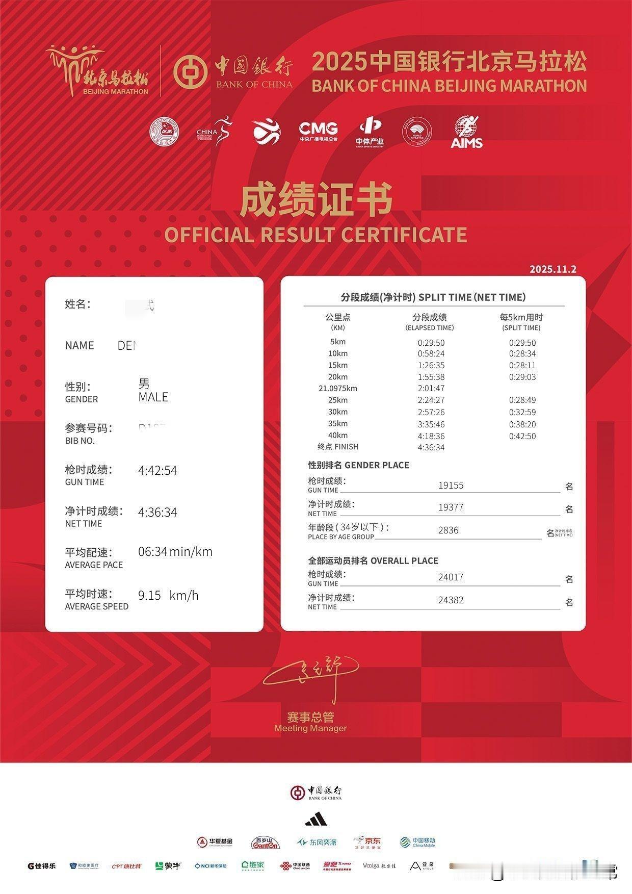 这次北京马拉松跑的还行，不是很吃力，结果还算在预期内，但是赛事体验不是很好，或许