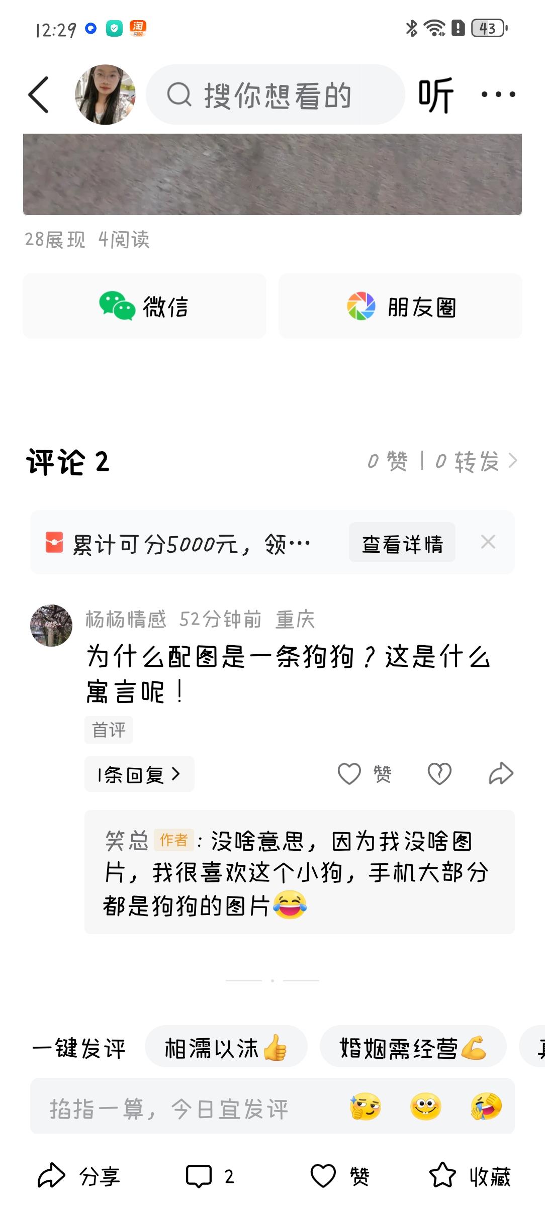 写头条闹笑话了。
太尴尬了。
上午发了条大弟和他女朋友的微头条。
大概说他们两个
