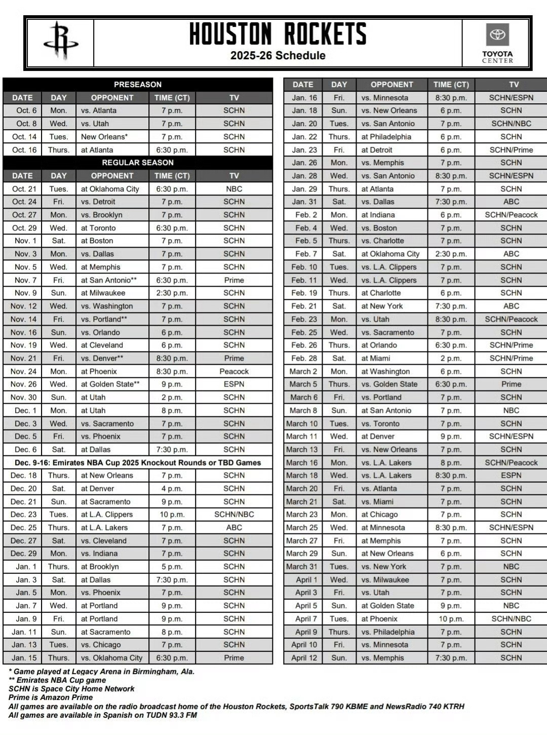火箭队完整赛程：28场全美直播！14个背靠背比赛！nba赛程 ​​​