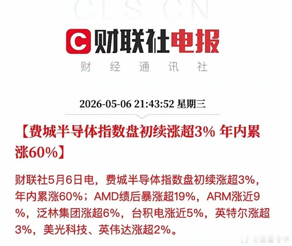 半导体彻底炸了！这波行情超出想象美股半导体彻底燃爆了！费城半导体指数盘初大涨超 