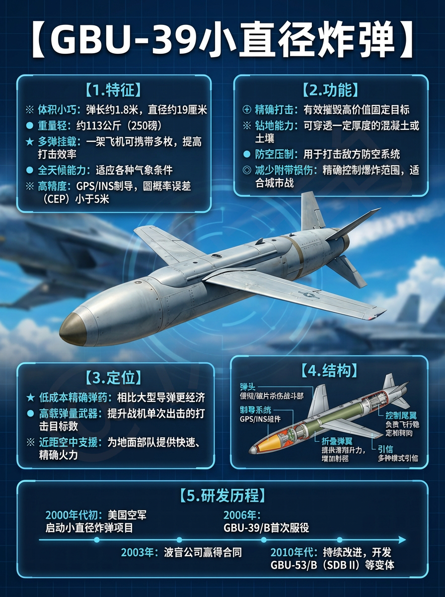 全球武器装备盘点 GBU-39小直径炸弹长度：180厘米翼展：19厘米命中精度：