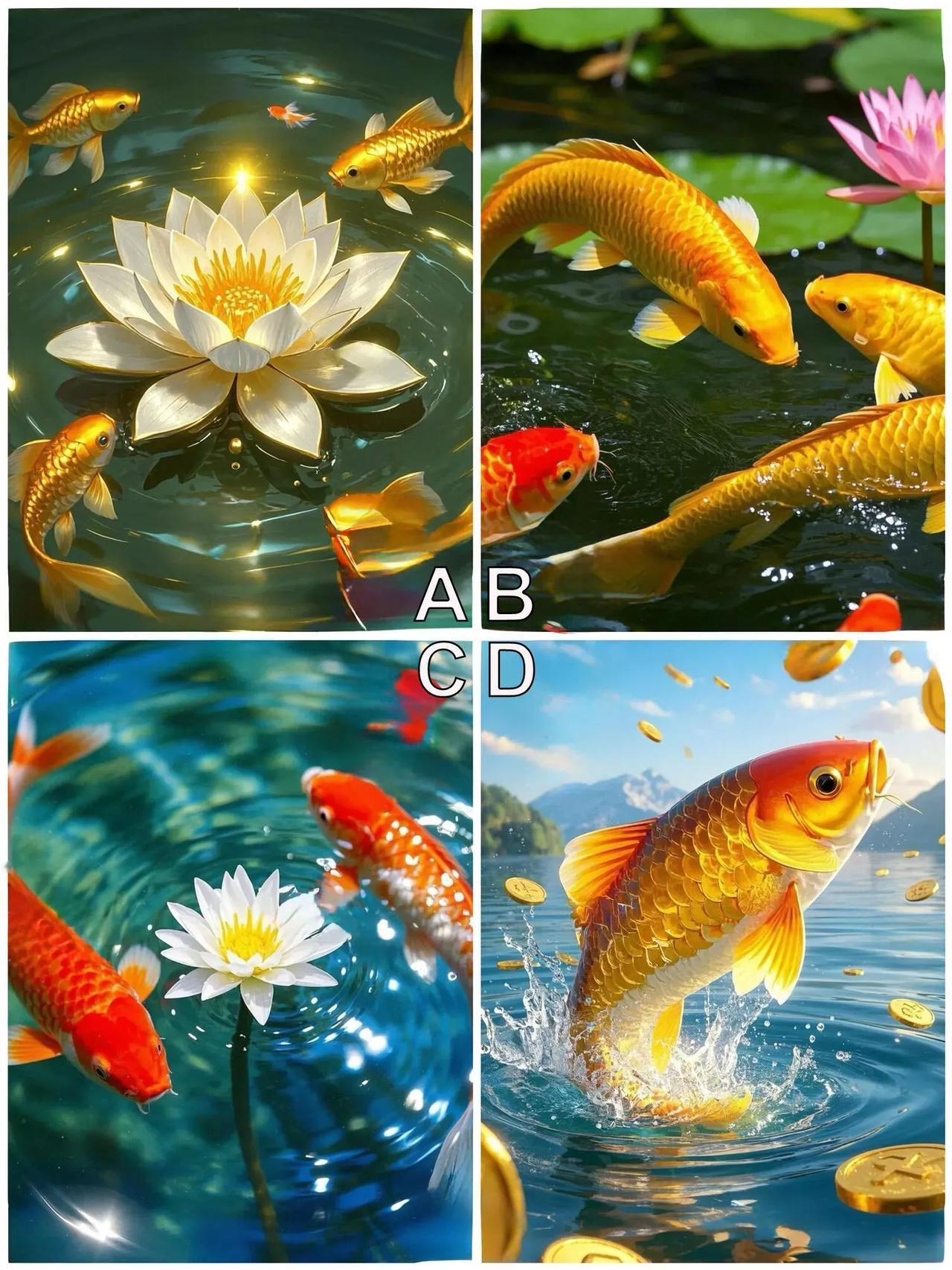 测测你的锦鲤体质有多强？？
下面四幅图的锦鲤，你会选择哪一幅图的呢？
据说这个测