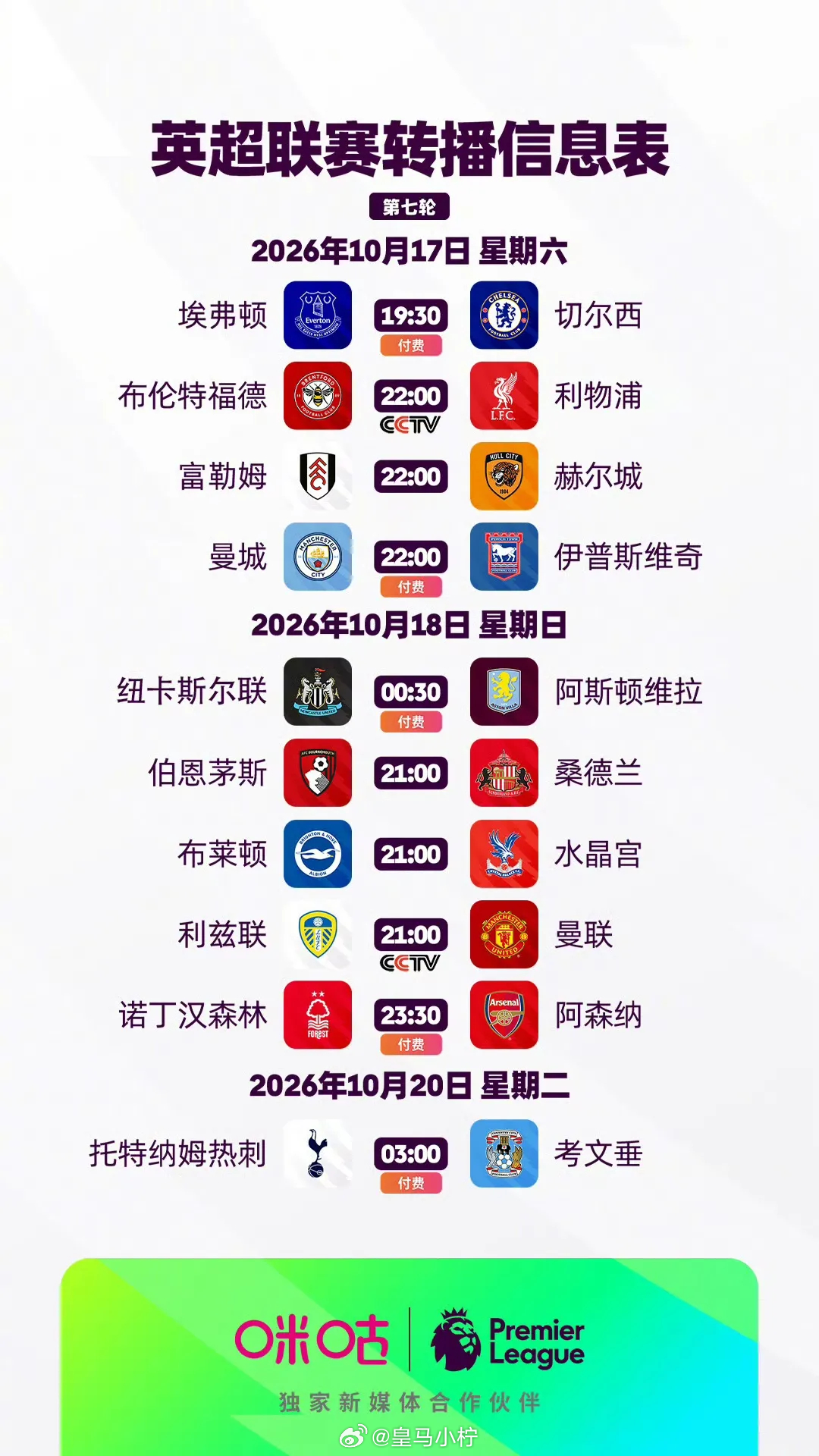英超第7轮观赛转播出炉🔥！本周不会出现BIG6强强对话。央视免费转播周六晚10