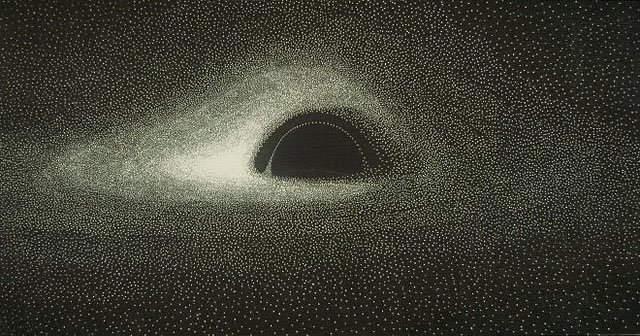 第一张黑洞模拟图像，由法国天体物理学家 Jean-Pierre Luminet 