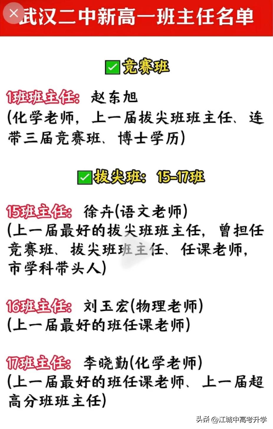武汉二中新高一班主任名单出炉
高中是所有学习阶段中分班最管用的，
所在班级的层次