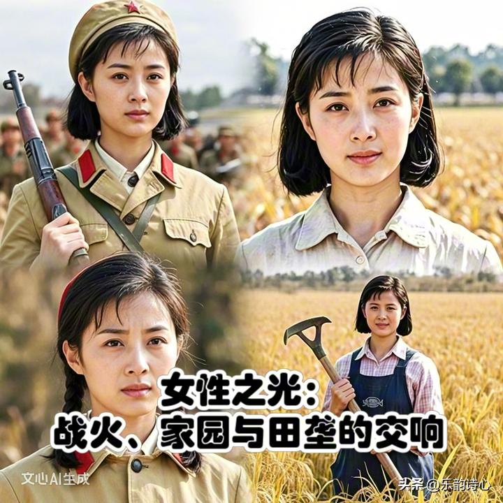 《女性之光：战火、家园与田垄的交响》乐韵诗心原创诗歌颂:
于烽火漫卷的疆场，
她