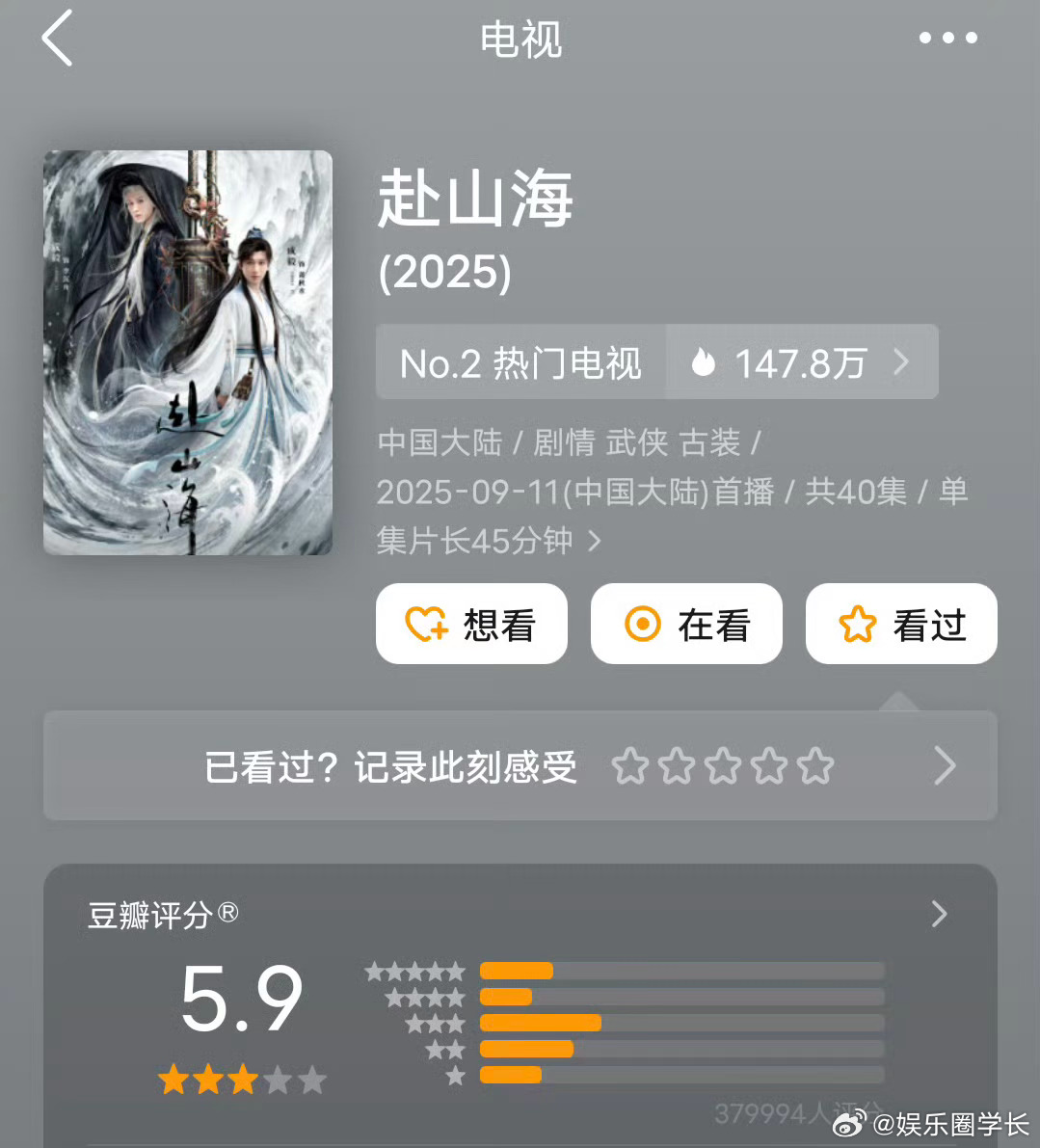 成毅主演的《赴山海》豆瓣开分5.9分，38万人评分，你们觉得高了还是低了？ ​​