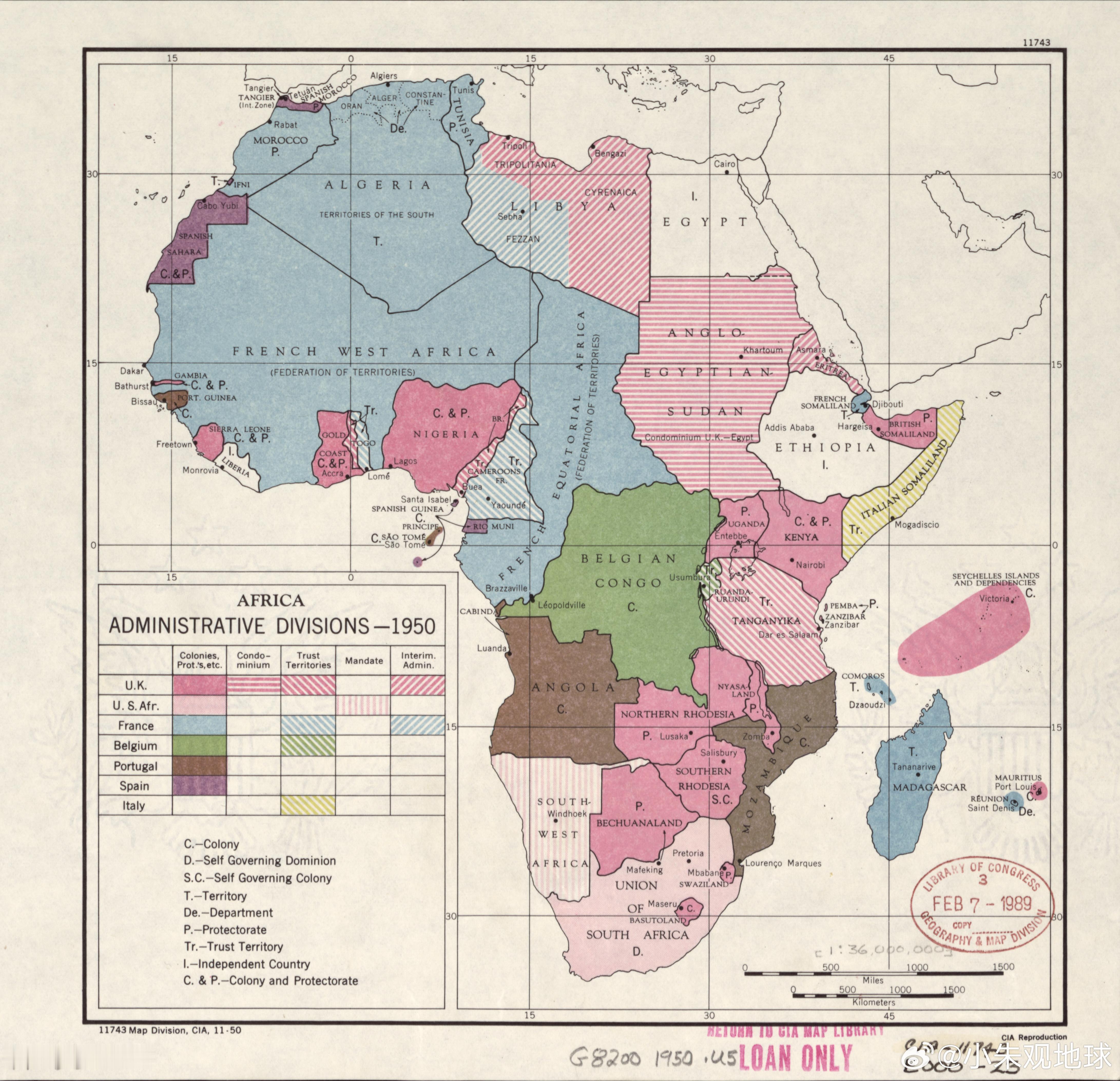 1950年非洲行政区划地图 历史地图 地图通过不同的颜色区分了各大殖民帝国在非洲