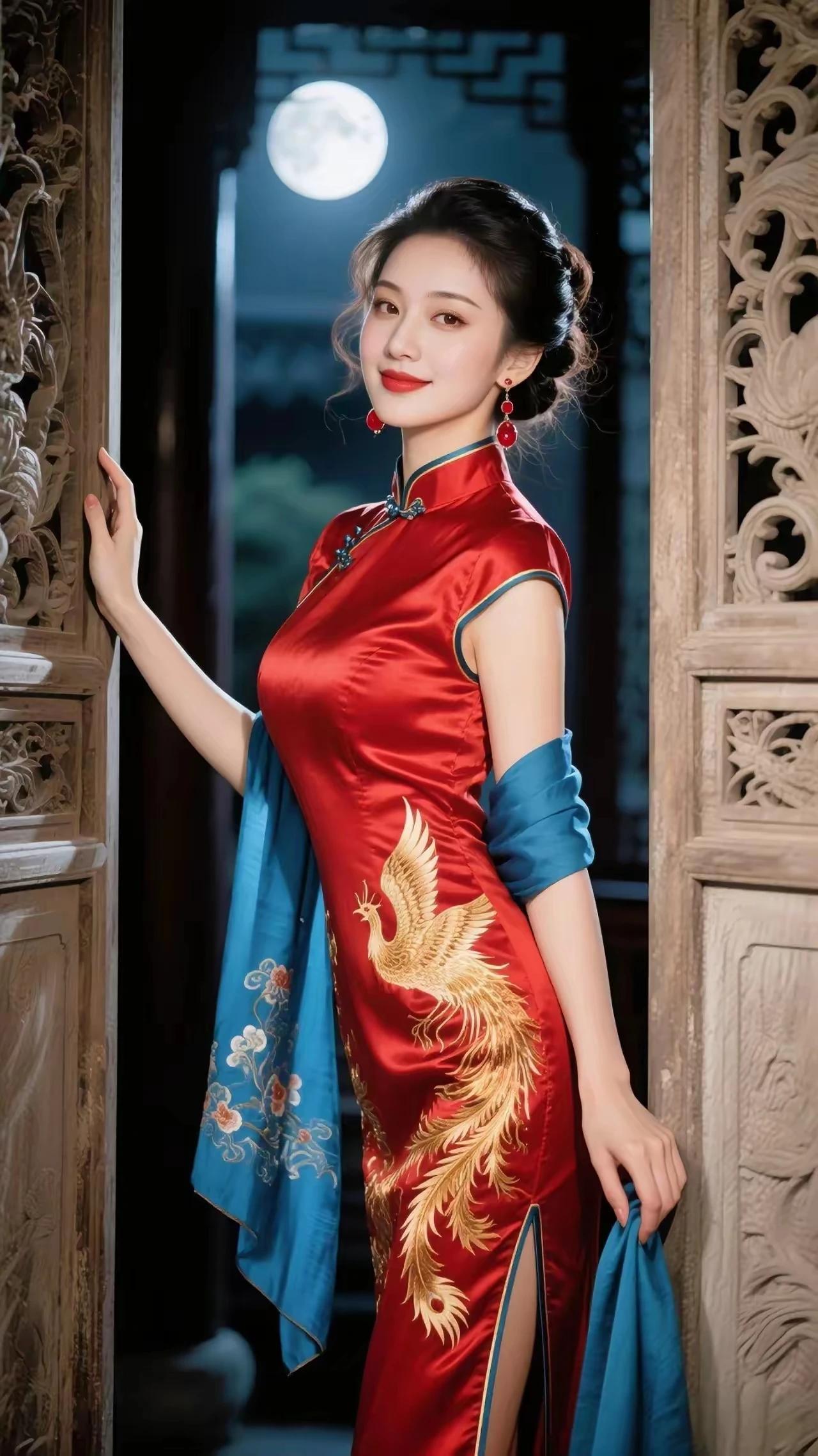 绝色女子，人间尤物
  赤绣金凰，蓝縠轻萦
红珠坠耳，摇若星影
玉手扶阑，仰望月