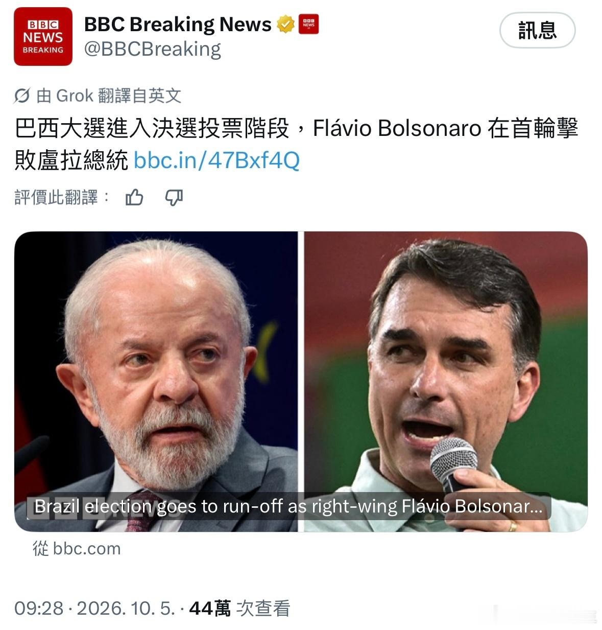 巴西大选首轮投票，小博索纳罗领先卢拉，目前进行的是第二轮投票，简单多数者获胜。 