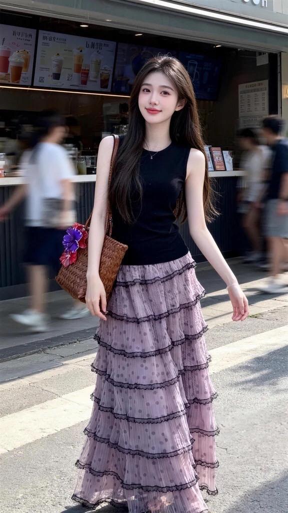 紫色连衣裙ootd 街头甜心风 紫色长裙氛围感 甜美紫色连衣裙 街头碎花裙