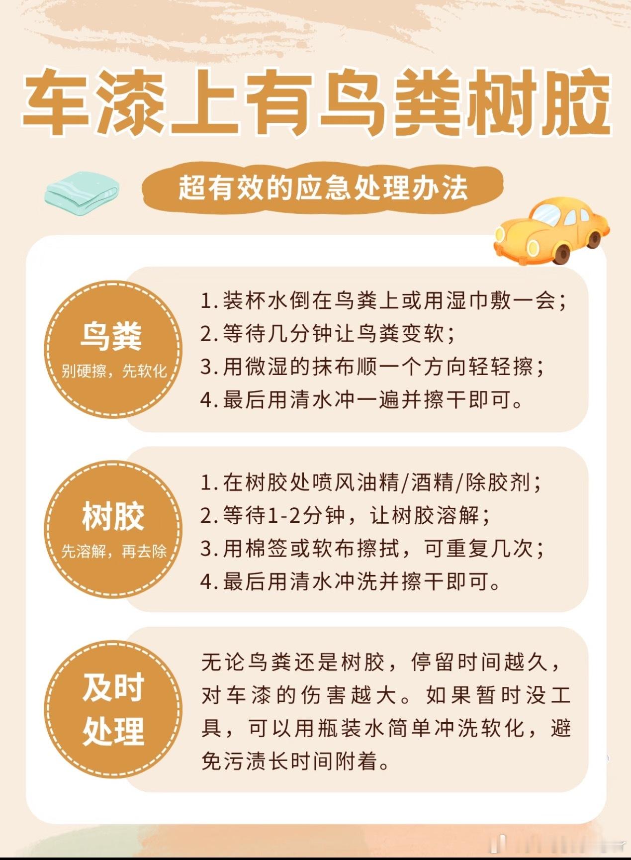 鸟粪和树胶落在车漆上，别硬抠，用湿巾软化后再轻擦。越及时处理，越能守住原厂漆的光
