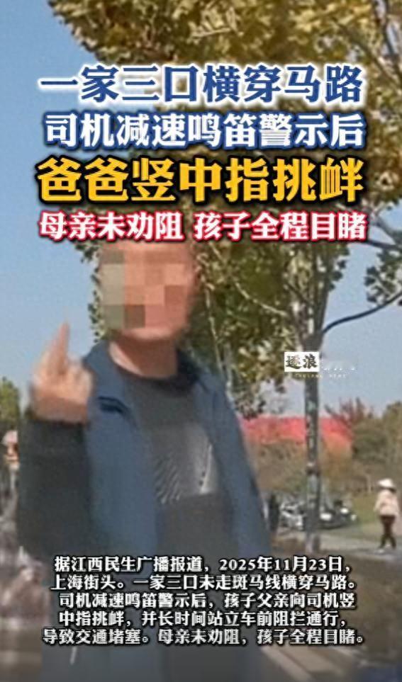 一家三口横穿马路，司机减速鸣笛警示后，爸爸竖中指挑衅，母亲未劝阻，孩子全程目睹