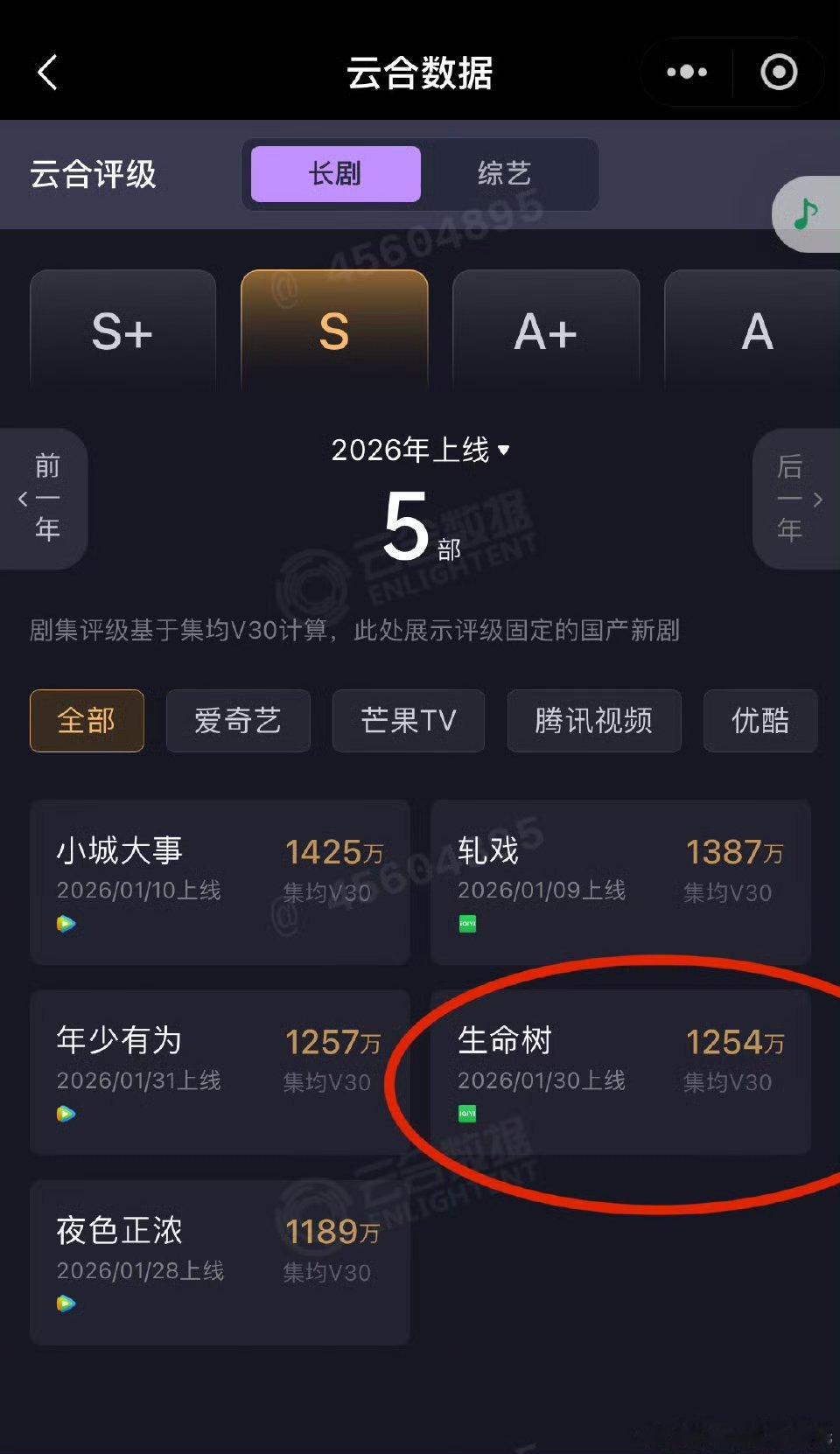 杨紫、胡歌《生命树》云合集均V30固定了，集均才1254万