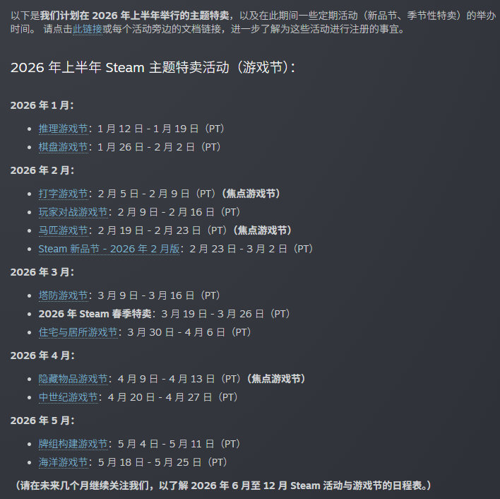 Steam公开了2026年上半年的特卖与游戏节日程（北京时间），开幕和结束时刻都