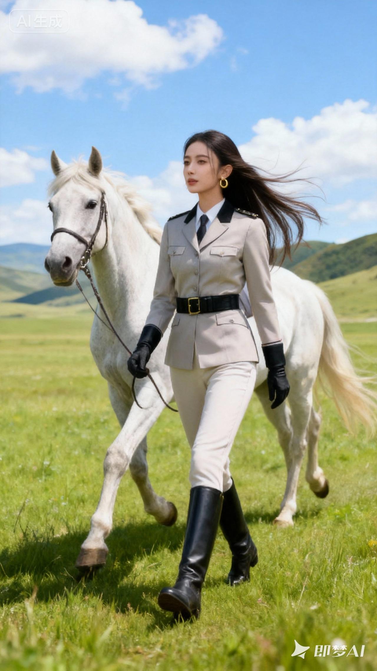 英姿飒爽的骑警与白马并行，草原上的风华绝代。
