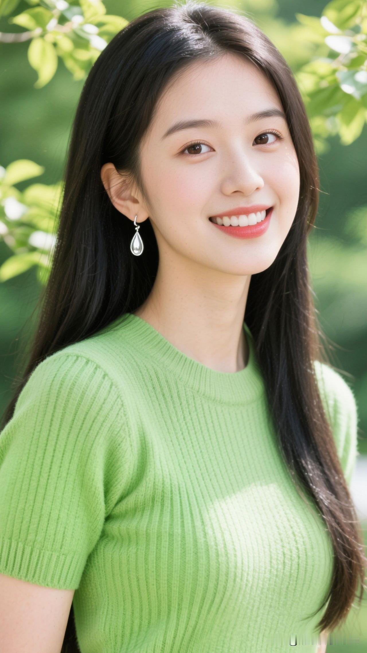 🌿 草色毛衣盛着春日的光，耳坠曳着晨露的晶，连风掠过发梢都浸着治愈的甜。温柔减