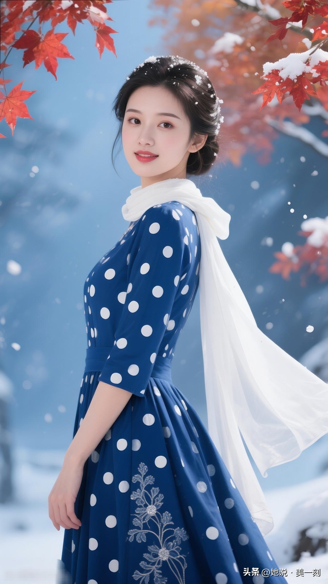 冬日雪景中的优雅蓝裙少女，唯美动人！🌨️💙晒一张手机最美的雪景照