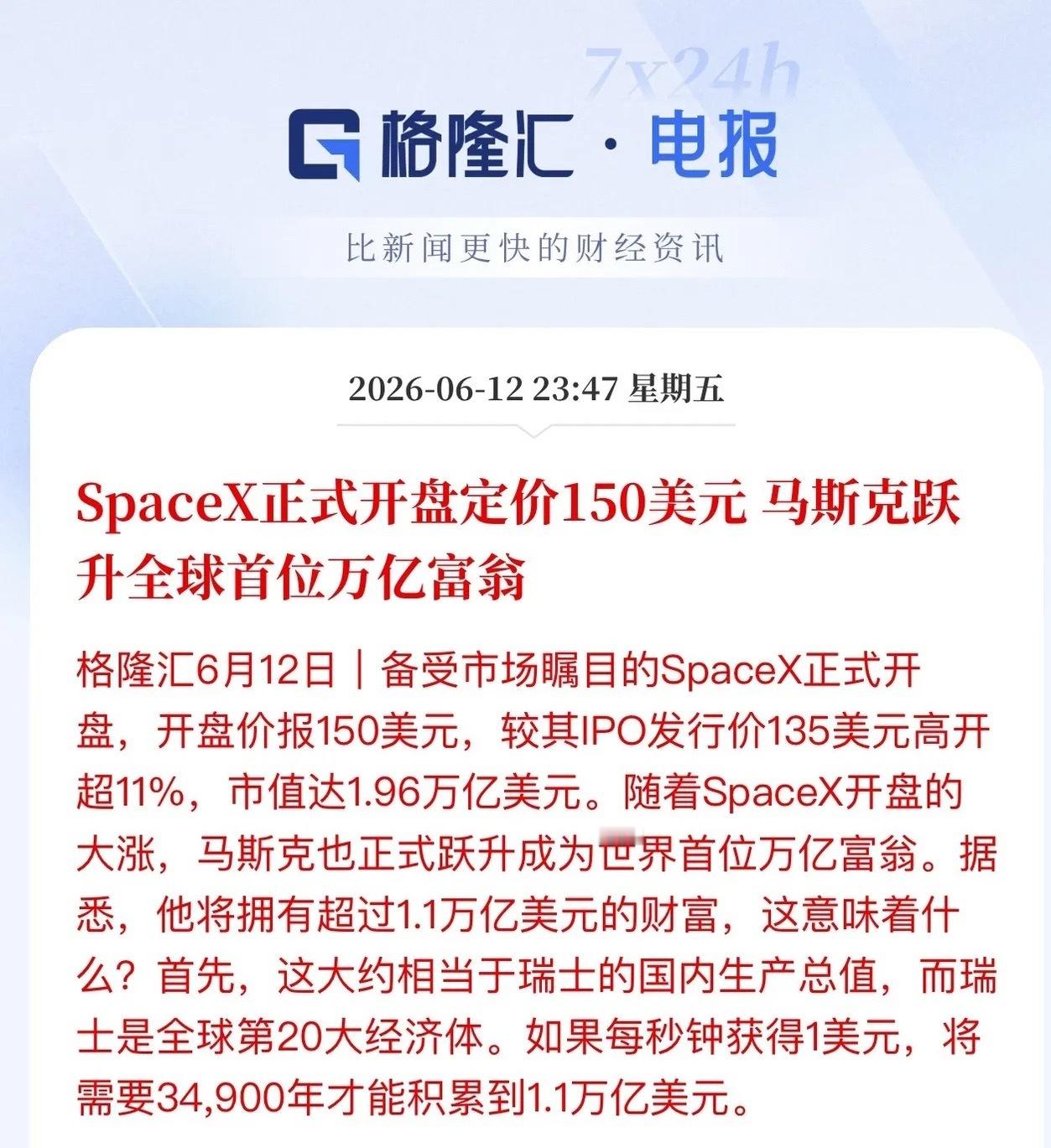 马斯克再创奇迹，SpaceX上市首日大涨19.22%，市值也来到2.1万亿美元。