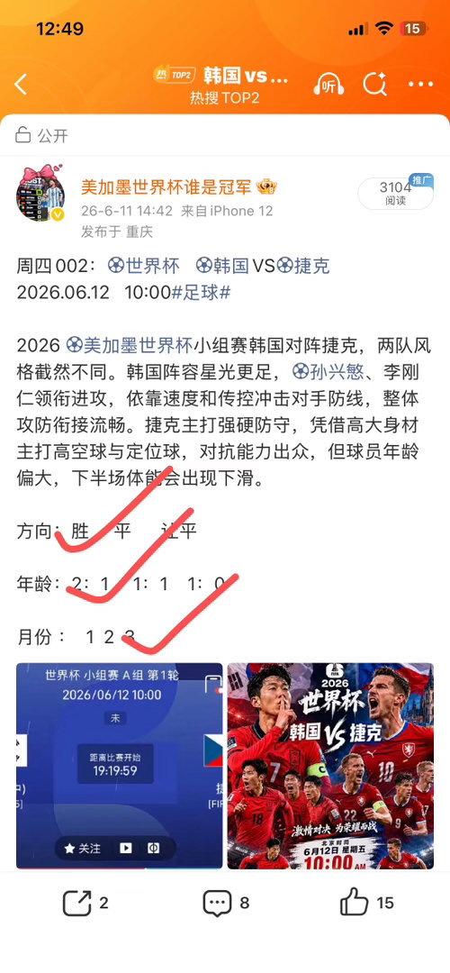 昨日预测全对🔥🔥过韩国vs捷克2:1韩国vs捷克 给力 