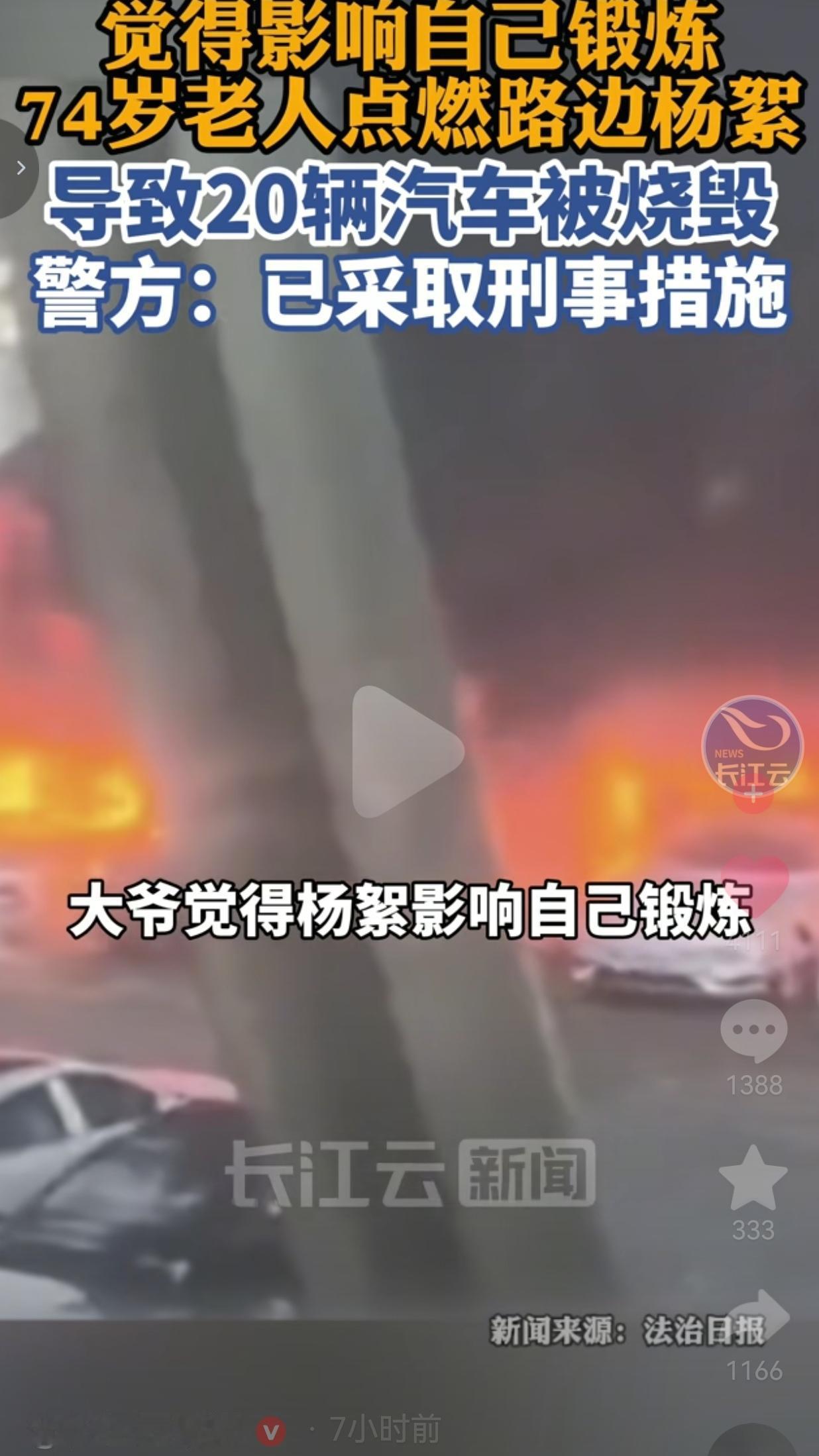 74岁老人嫌杨絮碍事随手点燃，引燃20辆新车，已被刑拘
 
 
事情发生在辽宁大