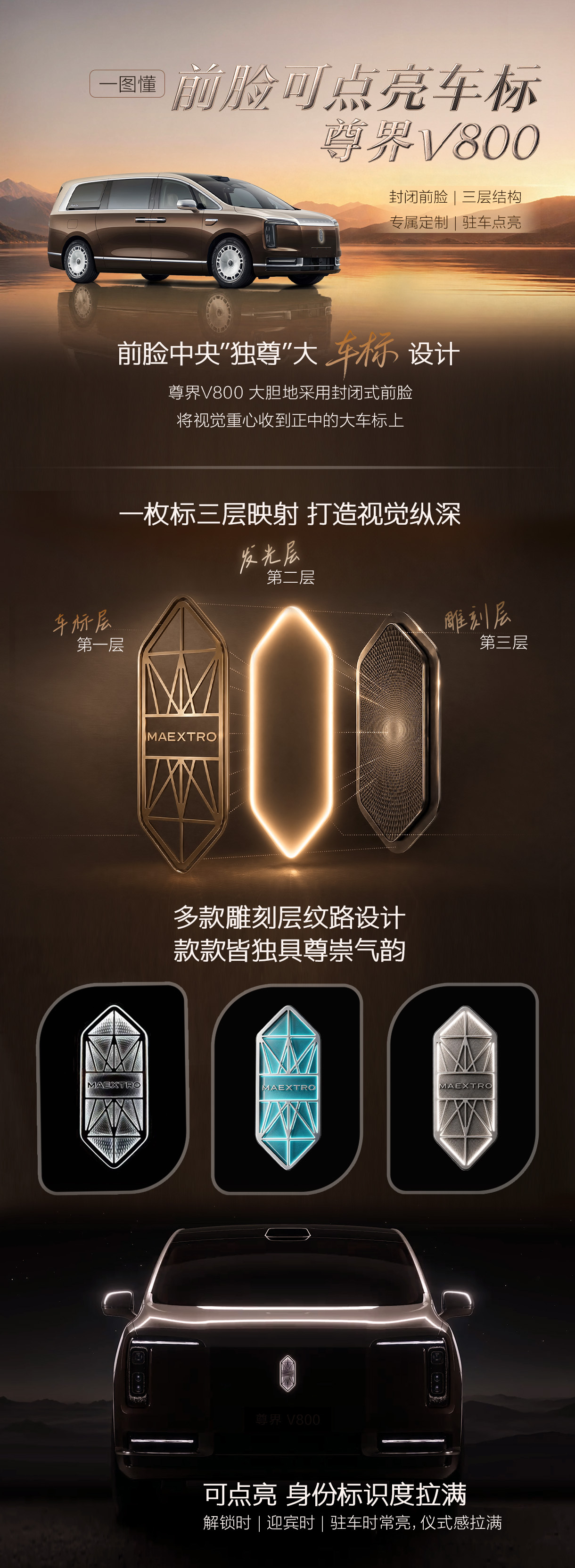 尊界V800 外观解读：封闭式前脸，中央大尺寸可发光车标，这个车标做了三层映射，