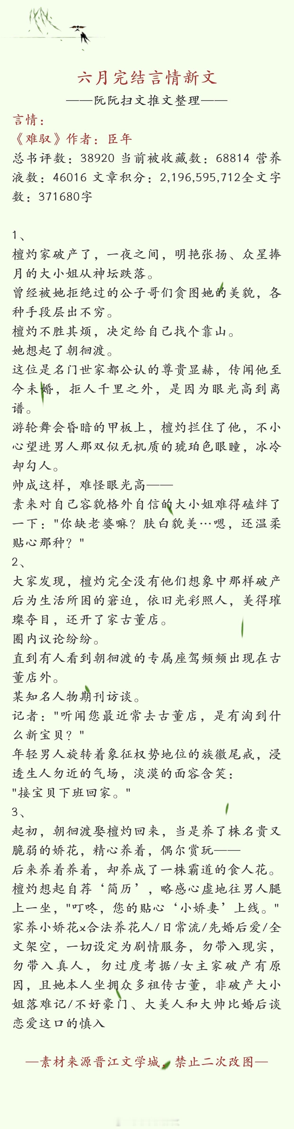 #言情推文# 书单推荐：六月完结言情新文一推，欢迎大家排雷推荐[给你小心心][给