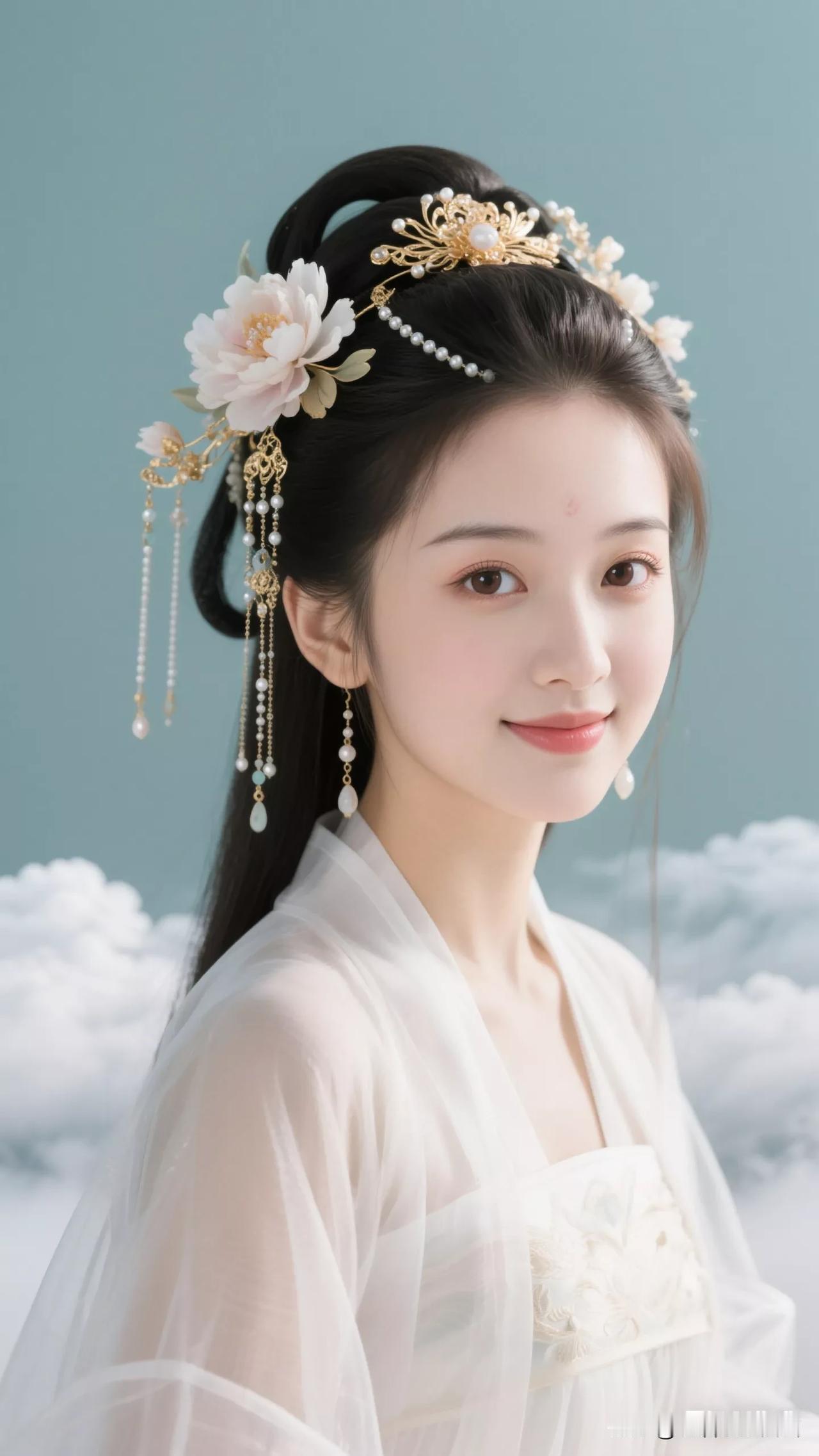 古风美人，云间仙子，花钿玉簪，宛如画中人。张立启原创书画AI作品古仕女发髻服饰集