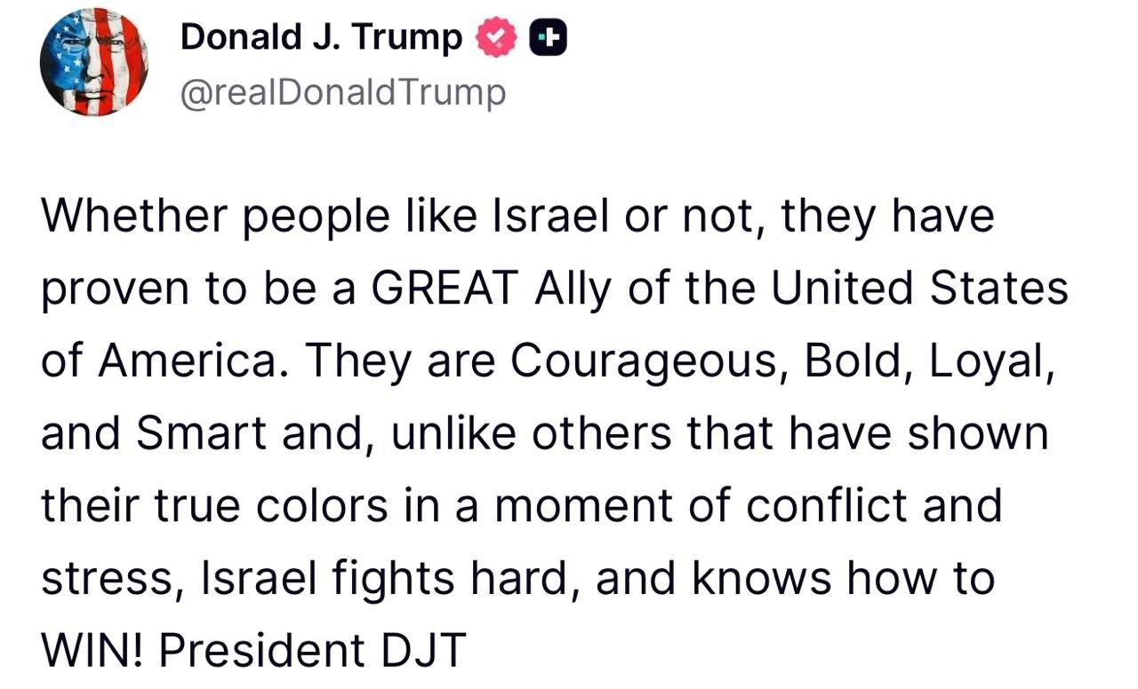 特朗普在社交媒体上发文，把以色列夸了个遍。

“不管大家喜不喜欢以色列，他们已经