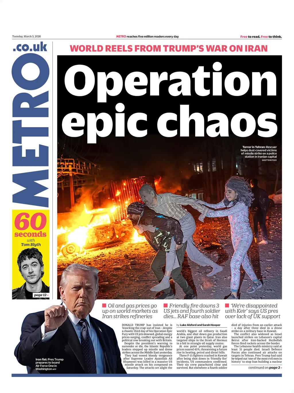 特朗普“史诗狂怒行动”第三天被英国《地铁报》形容为“混乱”，总统特朗普声称他正在