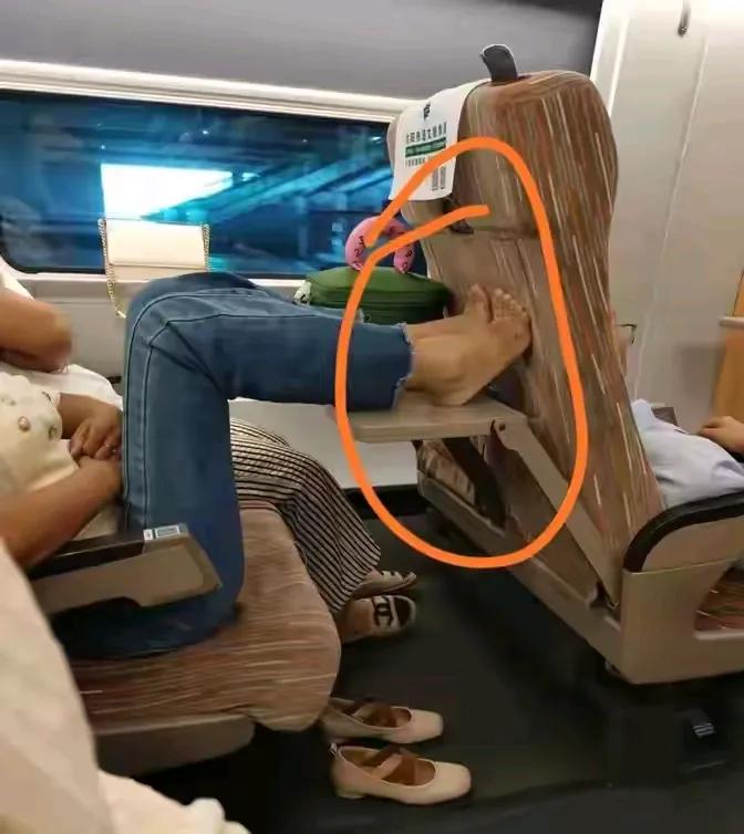 在湖南开往北京的一趟高铁上，只见一个年轻的女子坐在座位上，把脱掉鞋子的双脚赤裸裸
