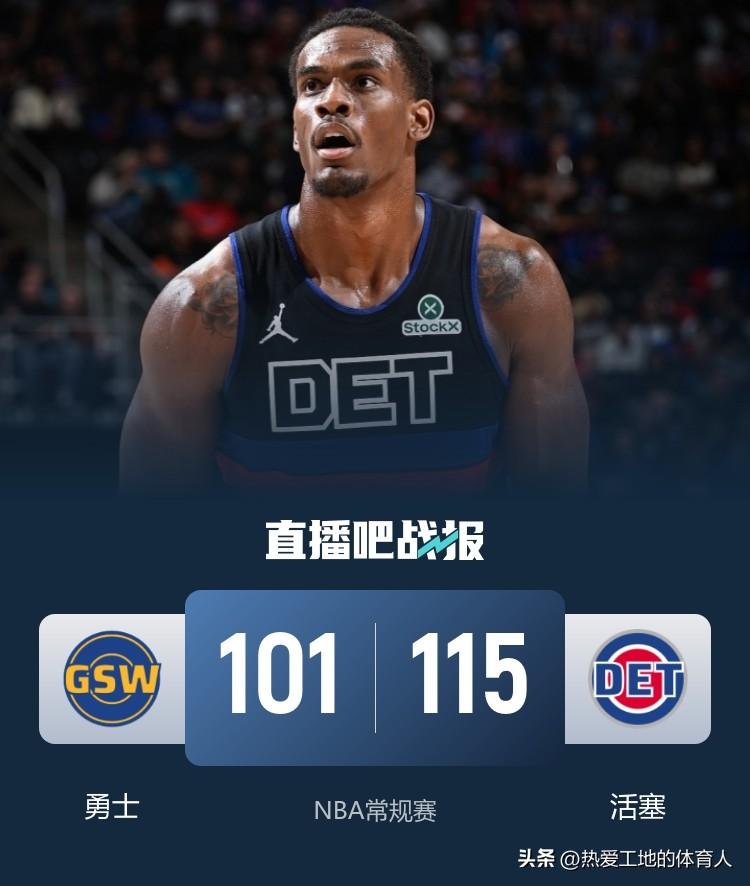 波尔津吉斯再次伤退，勇士客场101:115不敌活塞帮助对手锁定季后赛席位。
勇士