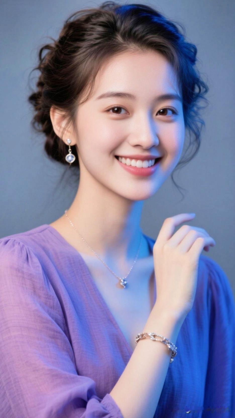 🌌 烟紫衣褶盛着夜的柔，钻饰曳着银河的私语，一笑间，浪漫就漾满了整个蓝调背景。