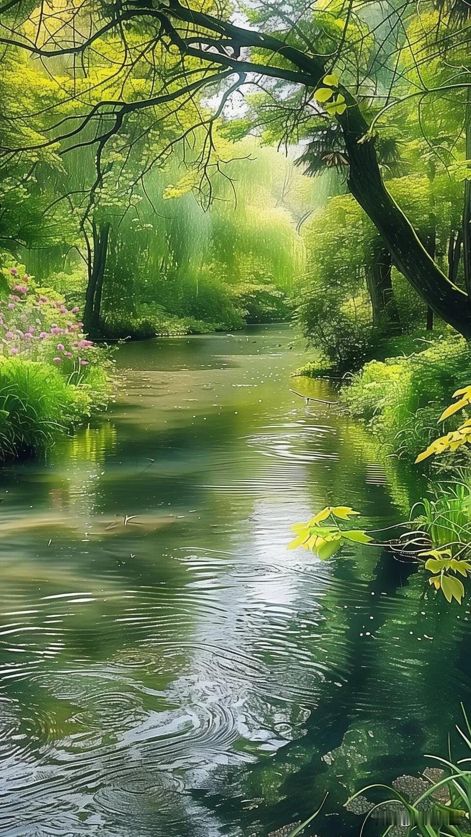 绿水悠悠绕林间，碧波荡漾映碧空。#诗情画意景色# #美景图片分亨# #景色如画如