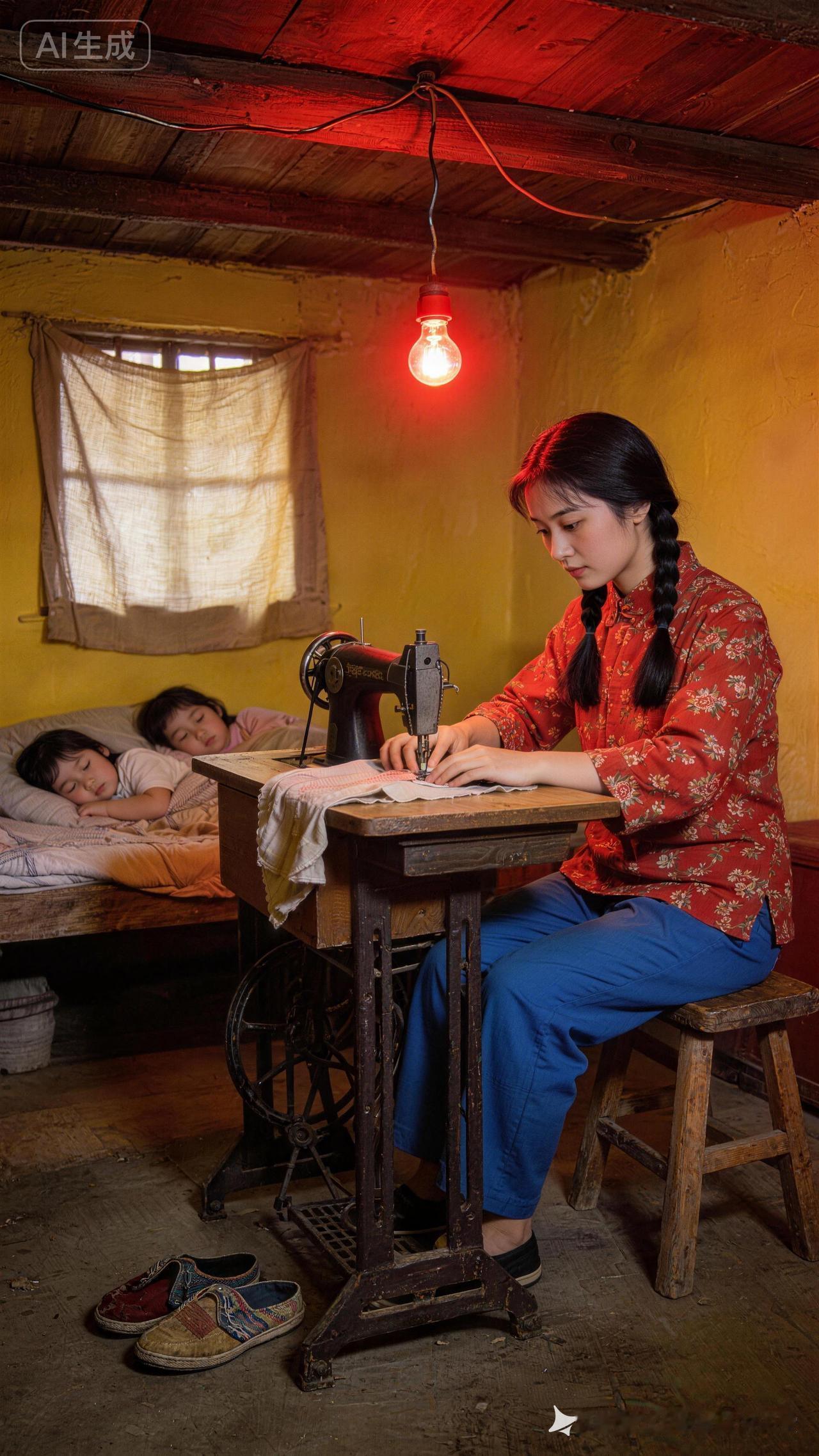 温馨的乡村生活，母亲缝纫，孩子熟睡，红灯笼照亮温暖的家。