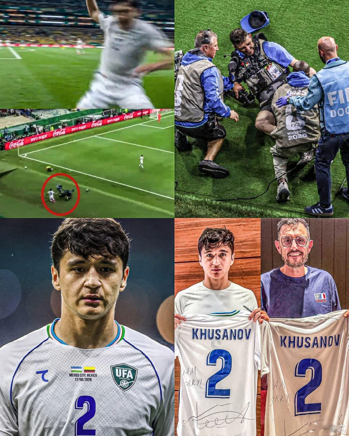 乌兹别克斯坦效力于曼城的胡桑诺夫在比赛中撞倒了FIFA的摄影师，赛后他找到摄影师
