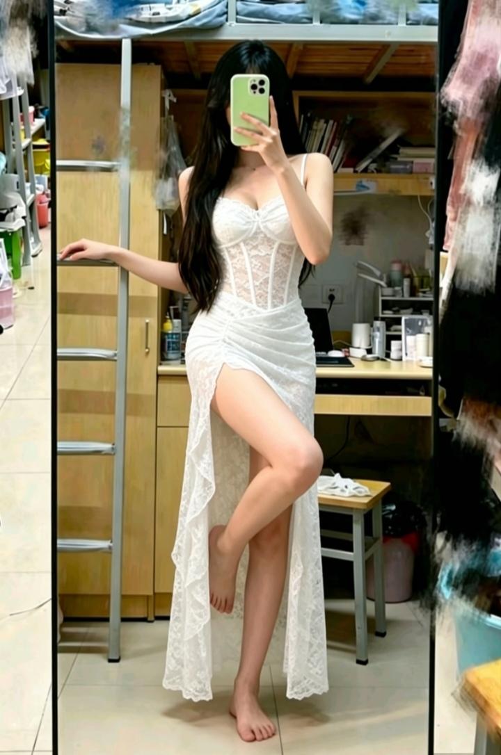 御姐 身材 腿 学姐穿搭 白色连衣裙ootd