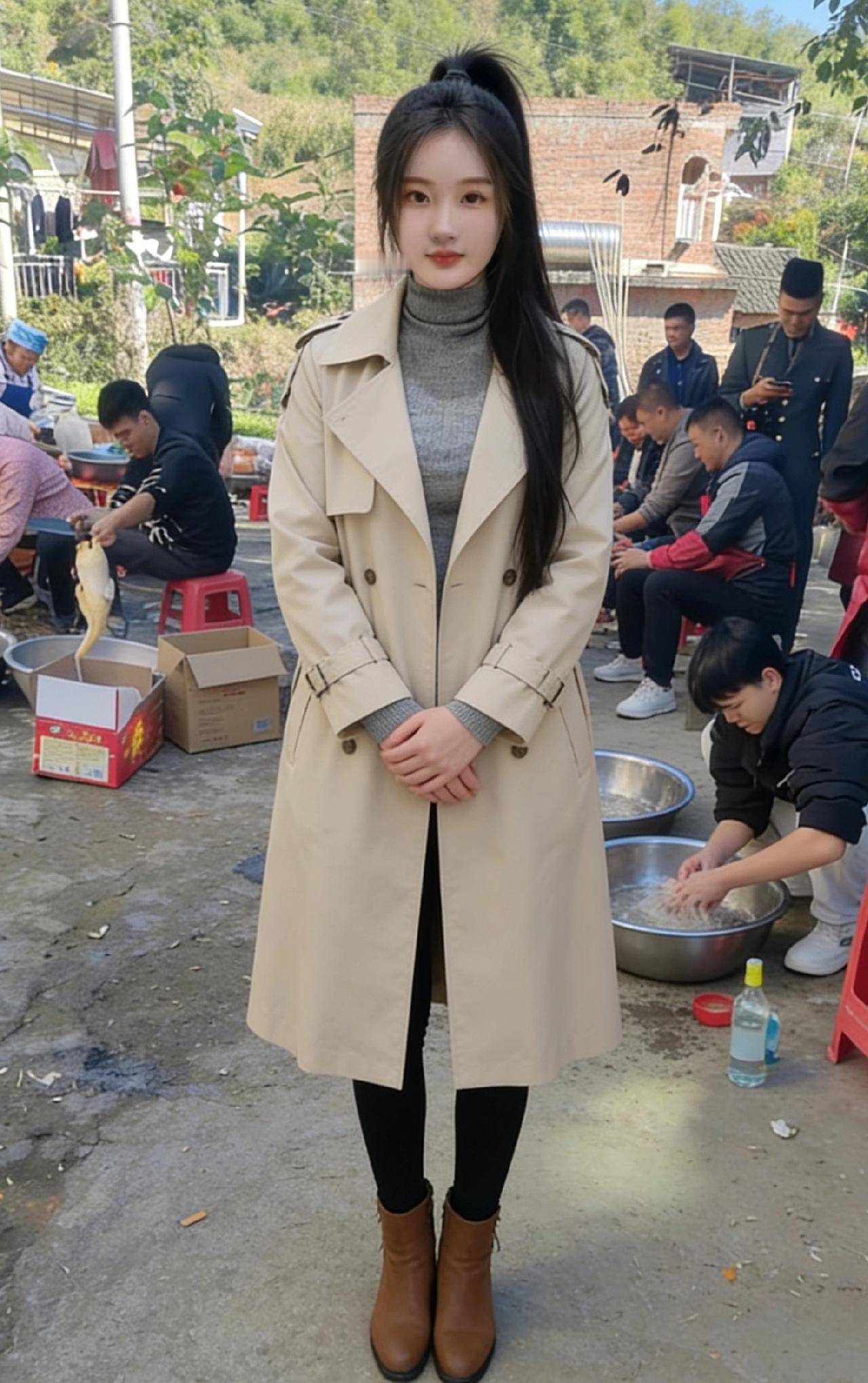 灰衫黑裤风衣轻，马尾软系衬靥明。
烟火满村人语沸，于喧闹处立娉婷。