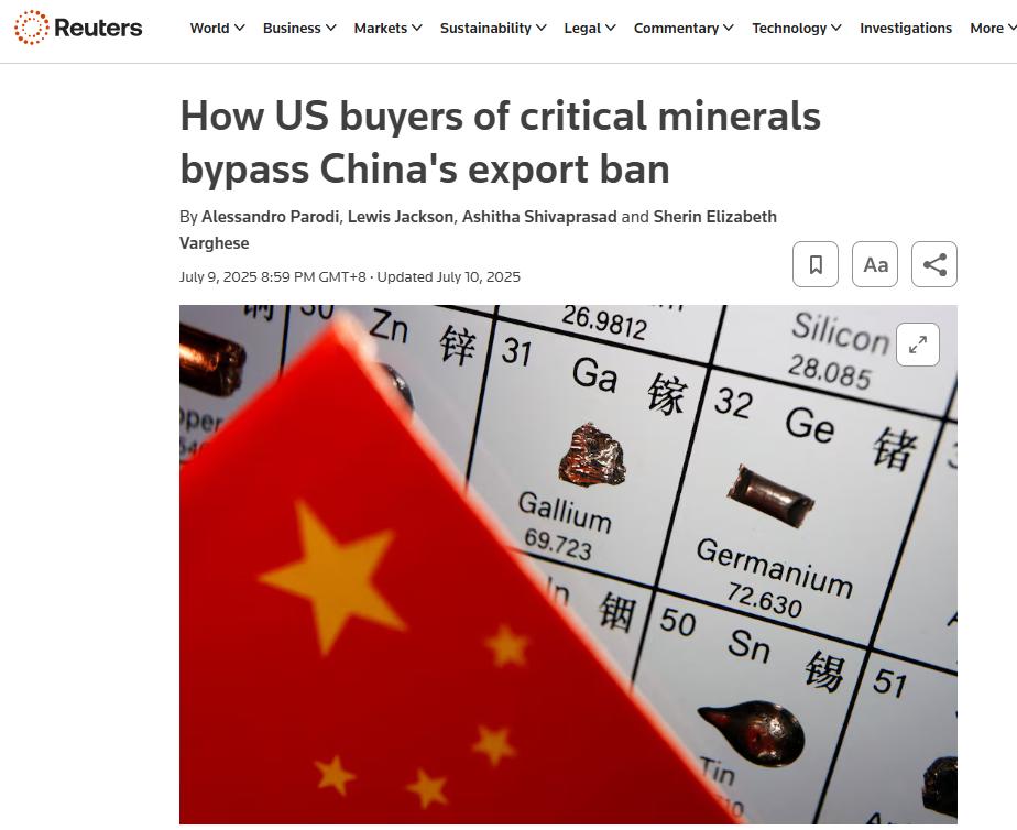 路透社揭露了美国是如何在中国严格的监管下，获得稀土的。

这主要是通过转口贸易实