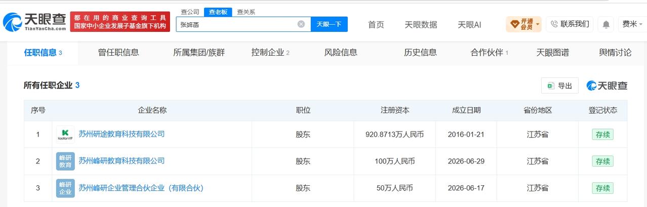 张雪峰女儿近一个月成立两家新公司
张雪峰女儿名下关联3家企业张姩菡接手张雪峰公司