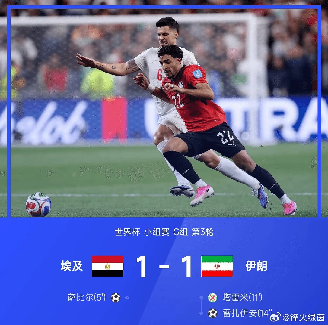 26赛季世界杯小组赛G组第3轮，埃及1-1战平伊朗。全场比赛，萨比尔闪击，塔雷米
