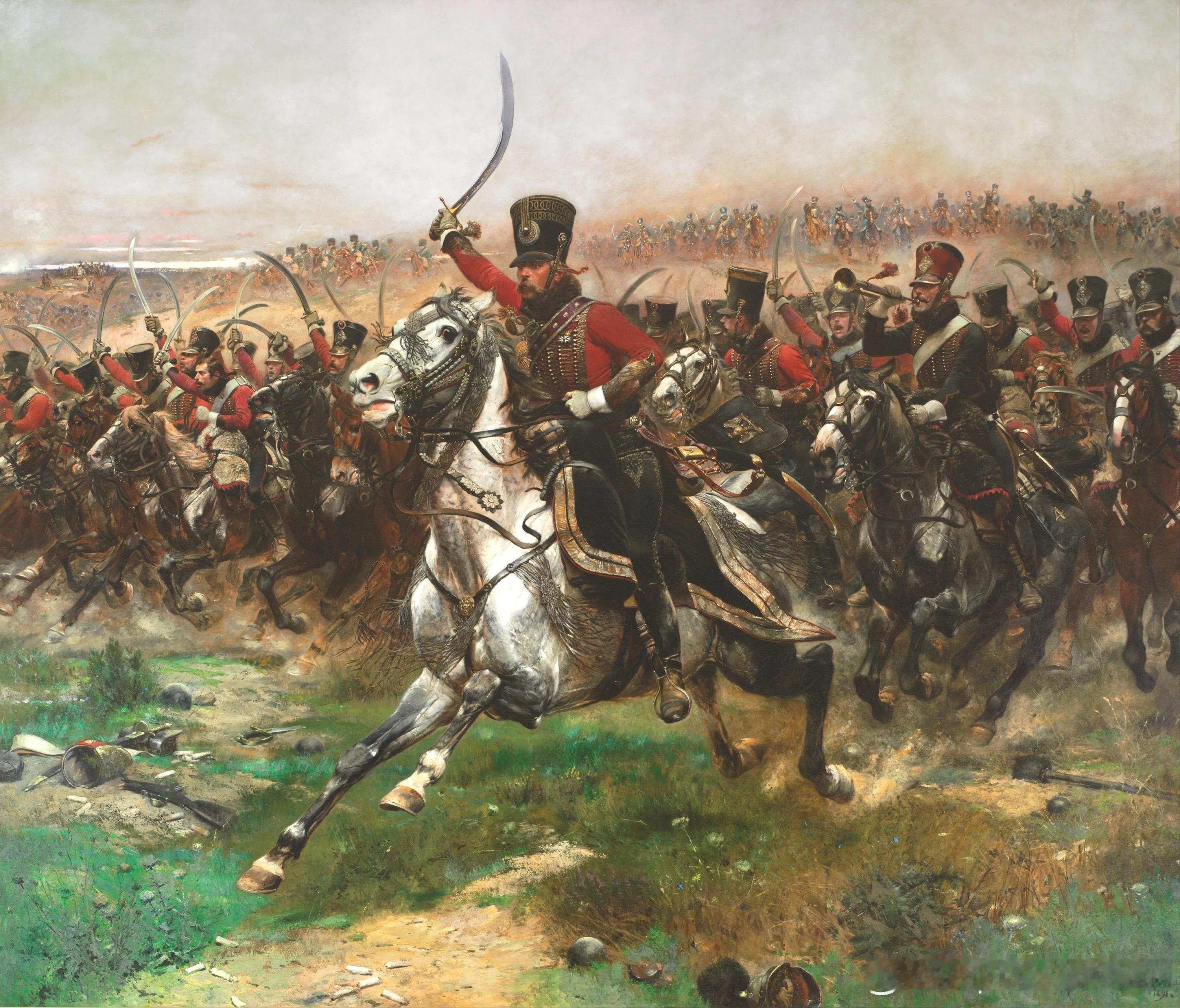 1807年6月14日弗里德兰战役中法军第4轻骑兵团挥舞马刀向俄军发起攻击军事历史