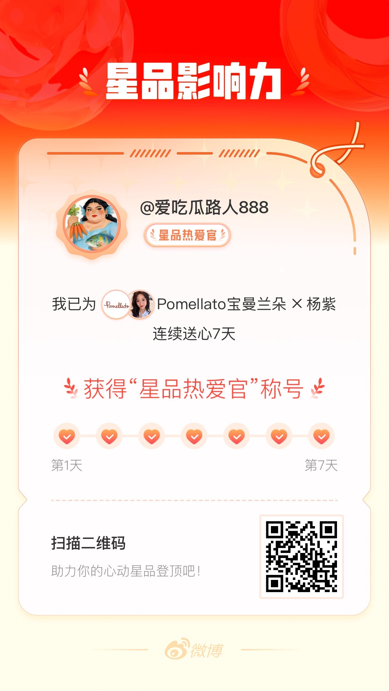 我在星品影响力上为 X 连续送心7天，获得“星品热爱官”称号！快来一起pick你