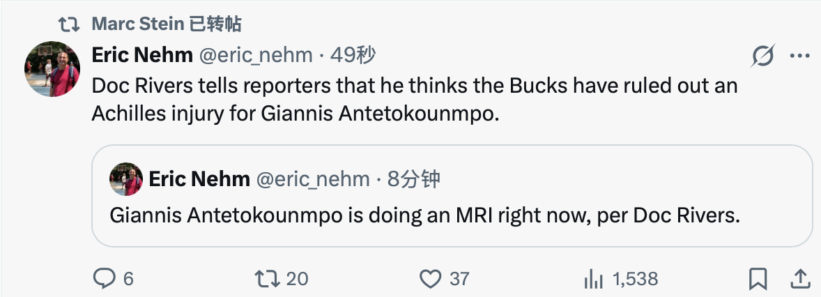 字母哥右小腿拉伤  字母哥赛后接受核磁检查，雄鹿主帅里弗斯透露，字母哥排除跟腱伤