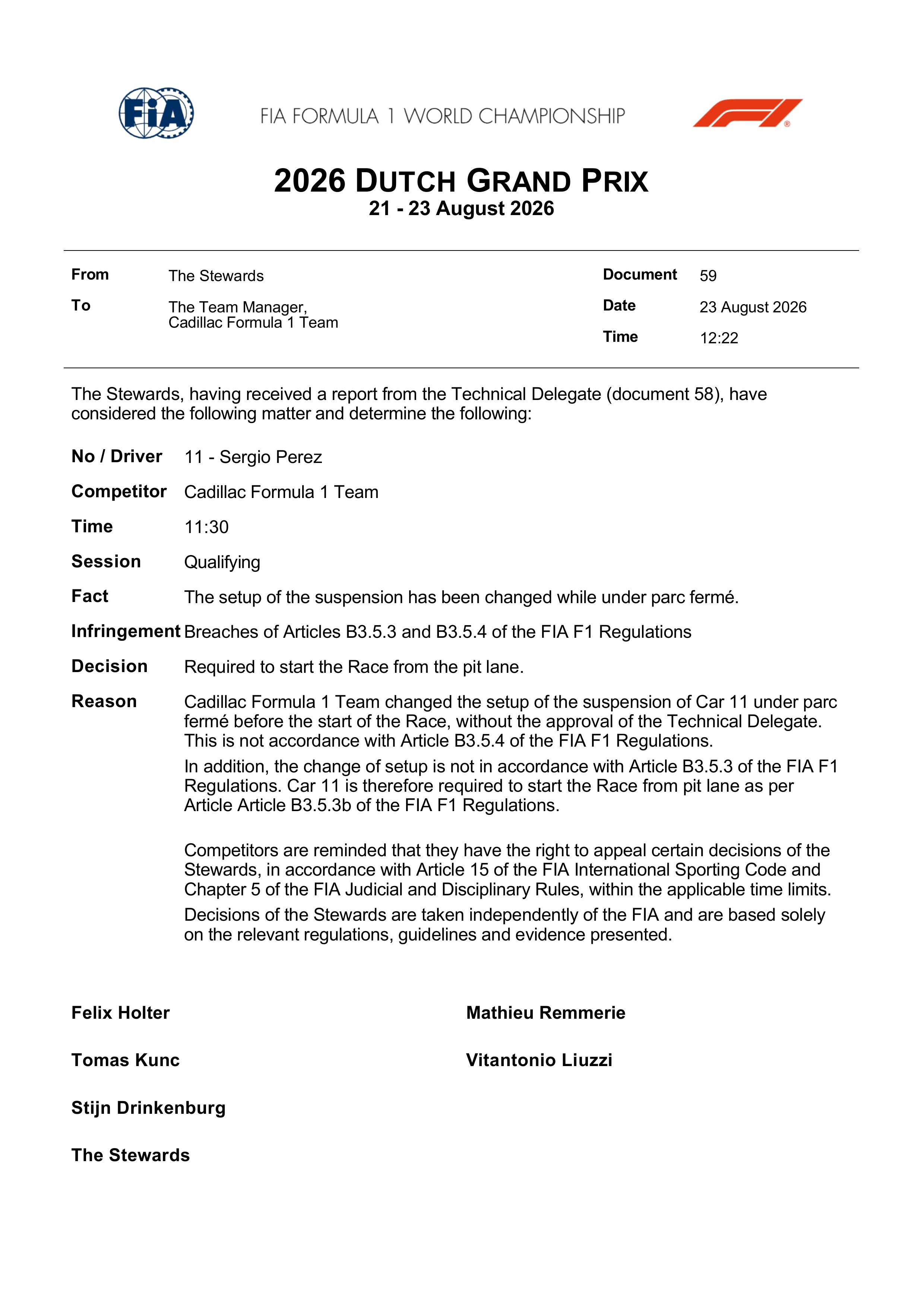 佩雷兹将在今天的正赛中从维修区发车。F12026F1荷兰大奖赛
