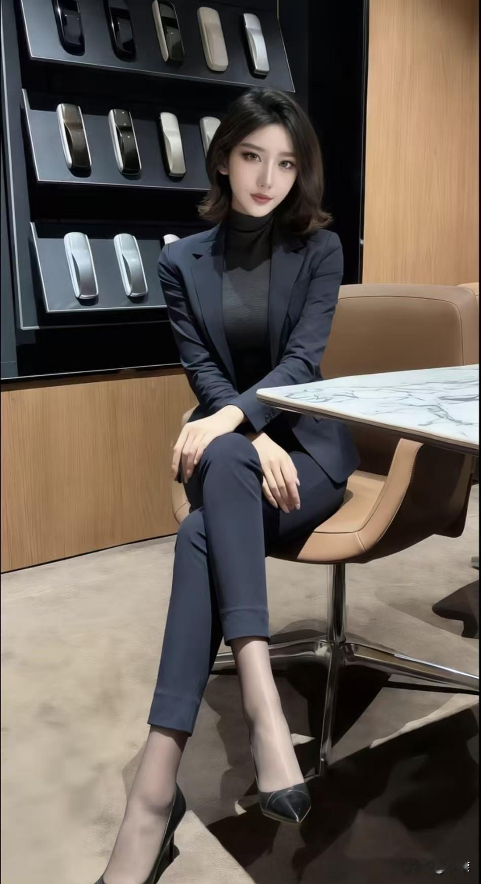青色西装+黑丝袜子+黑色高跟鞋，优雅大气，压迫感十足。