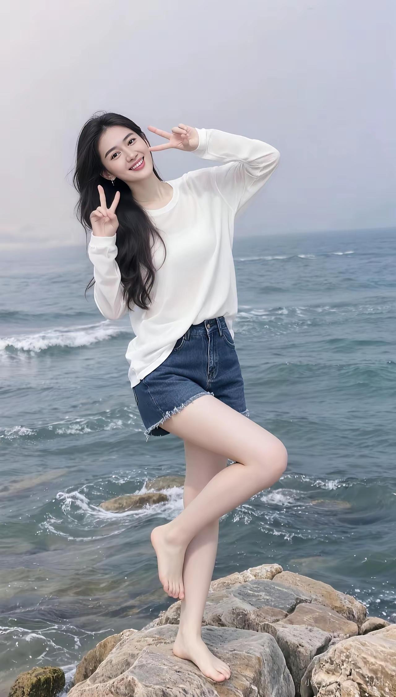 海边少女俏皮摆POSE，海风吹拂，快乐无限！🌊😊
